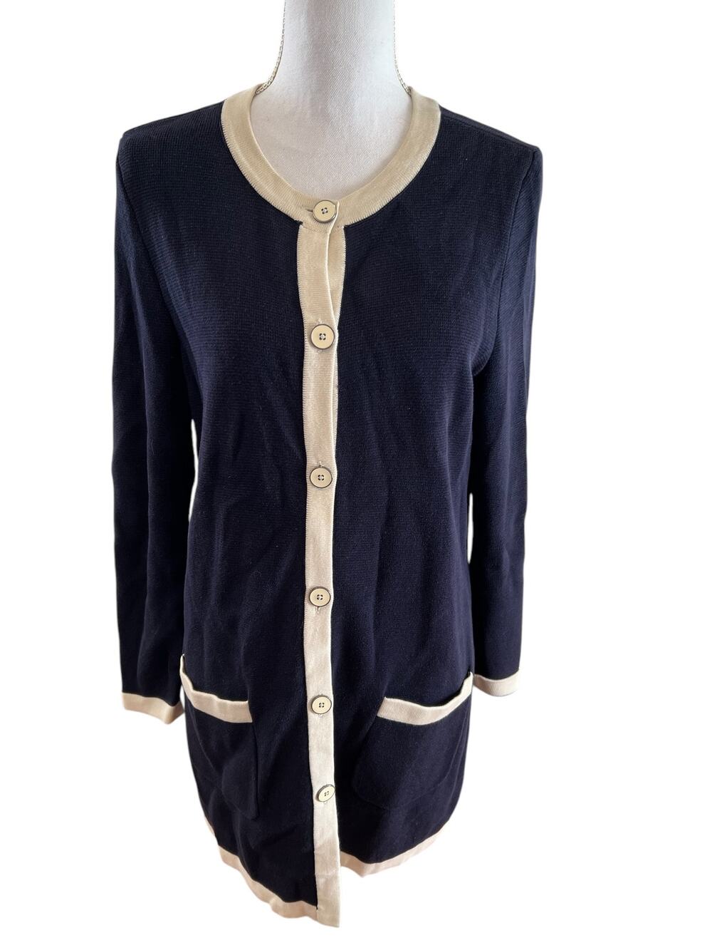 Talbots Classic Long Cardigan Sweater Navy Blue Cream MP